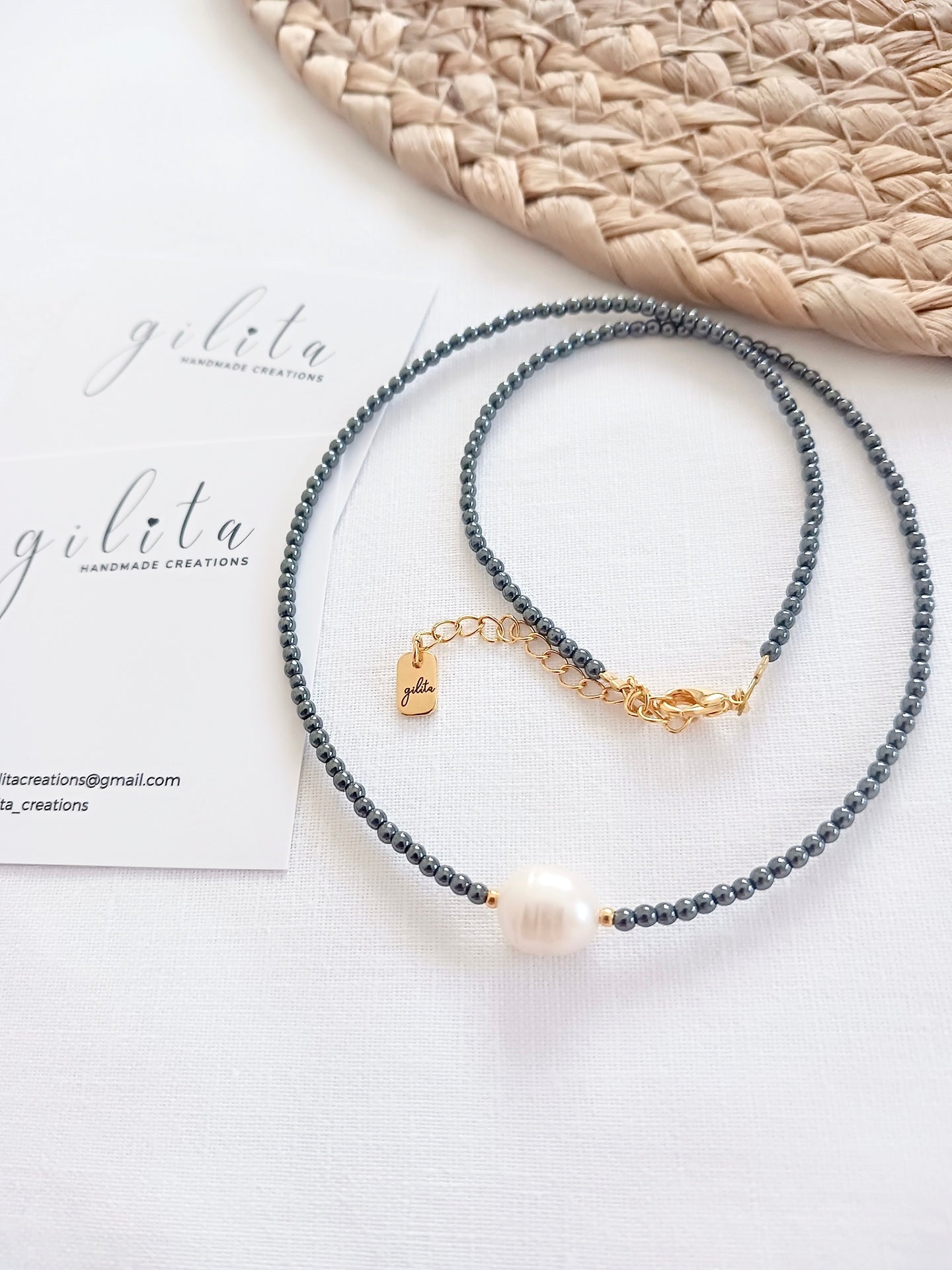 Κολιέ αιματίτη με μαργαριτάρι