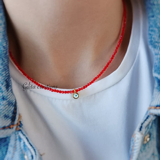 Κολιέ με κόκκινα κρυσταλλάκια και ματάκι