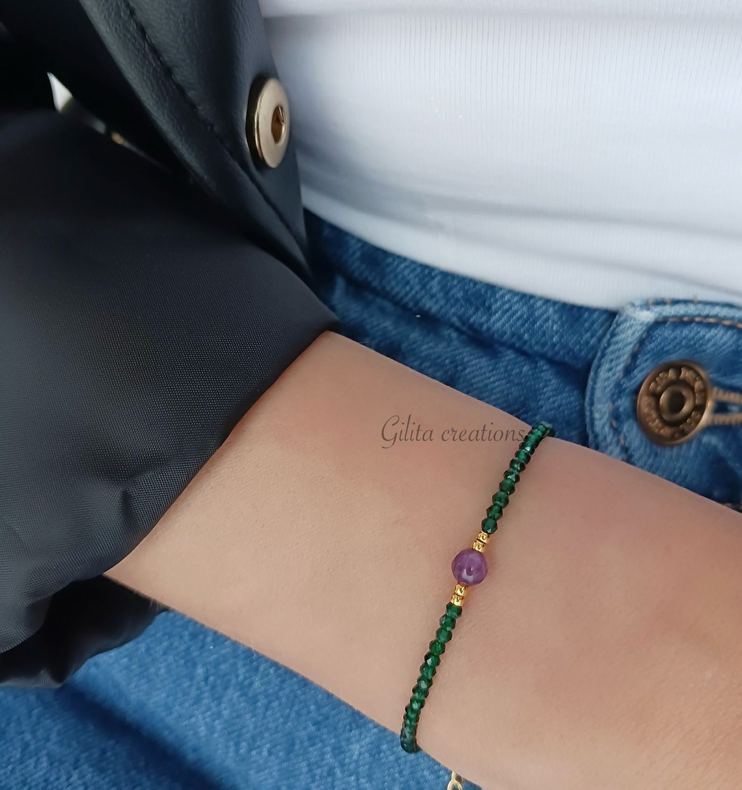 Βραχιόλι με σμαράγδι κρυσταλλάκια και αμέθυστο